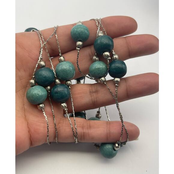 Vintage Green Beaded Silver Tone Bead Chain Necklace B8 - Picture 2 of 9